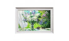 ภาพสีน้ำมัน-กรอบรูปไม้พลาสติกสีขาว ภาพวาดธรรมชาติต้นไม้กับนก